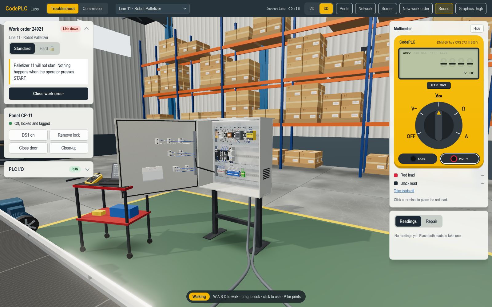 CodePLC Labs in 3D: Palletizer 11's control panel CP-11, locked out and tagged with its door open, showing the wired backplate. The work order and the multimeter are open beside it.