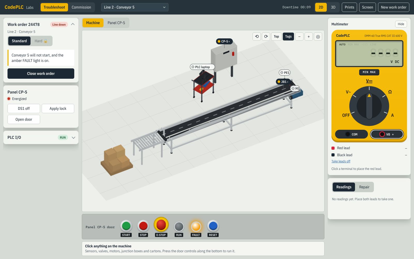 Practice: Conveyor 5 in the 2D view, with a work order, the panel door controls and the multimeter